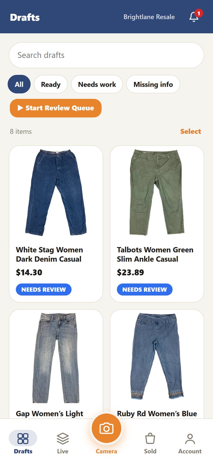 LotLifter Go Drafts: a grid of AI drafts with white-background photos, prices and Needs Review status, plus Start Review Queue