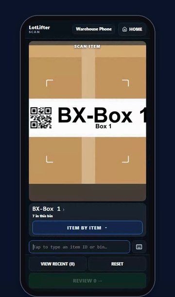 LotLifter Scan on a phone: the scanner used to put items away into a storage location