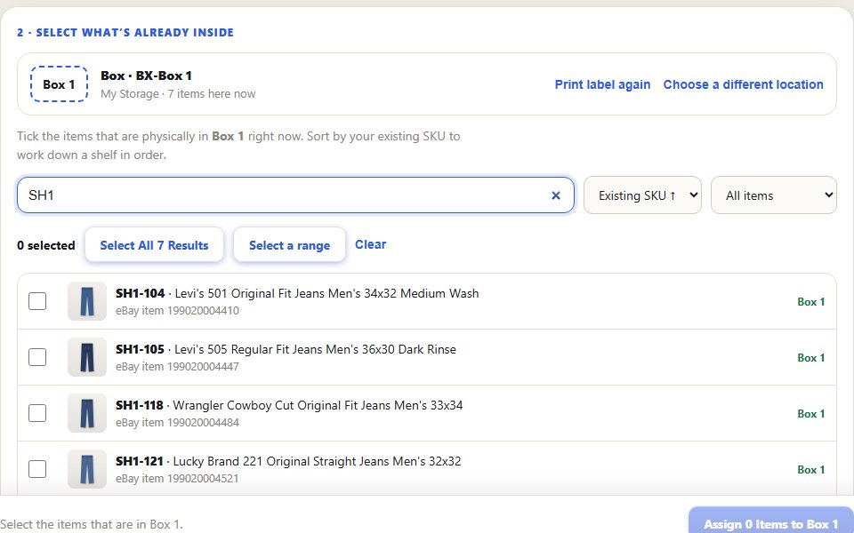 LotLifter: imported items keeping their existing SKUs (SH1-104, SH1-105, SH1-118, SH1-121) with Box 1 shown as each item's location