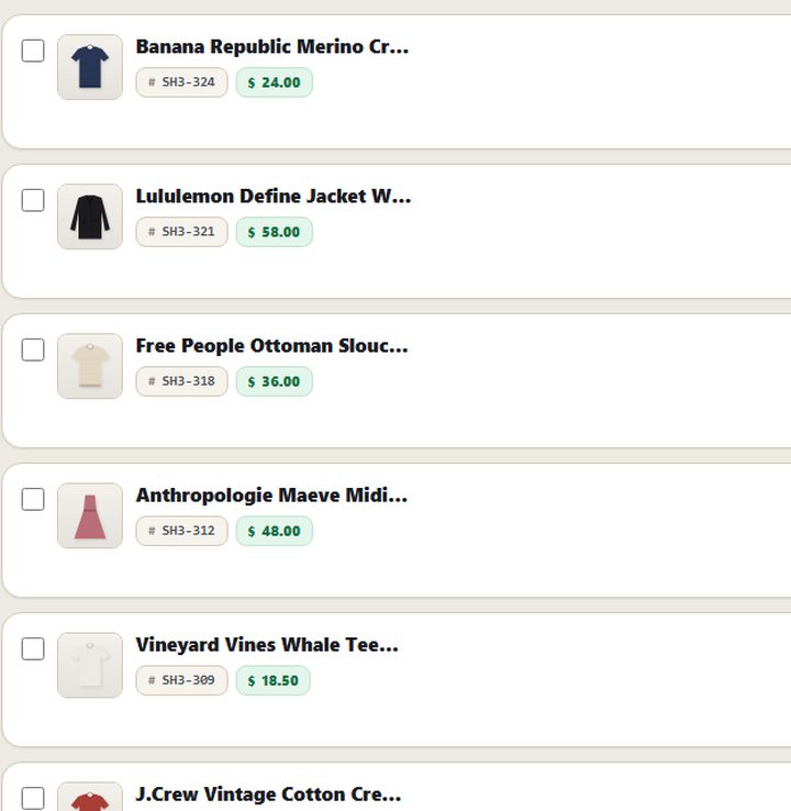 LotLifter inventory list showing items with their existing SKUs and prices